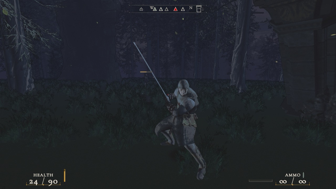 A Blood Cross Knight advances through a dark cemetery.
