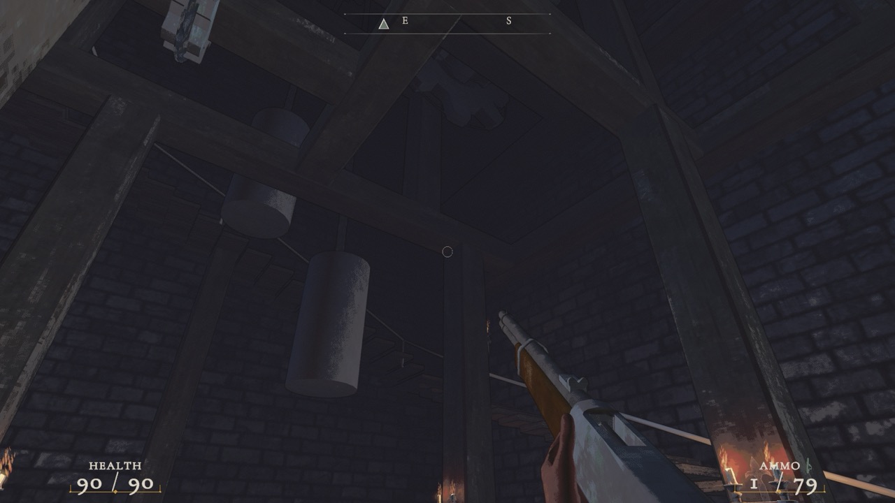 The player explores the machinery inside a dark clocktower memorial.