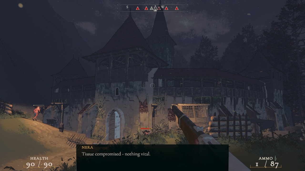 Nera and the player approach a barricaded church at night.