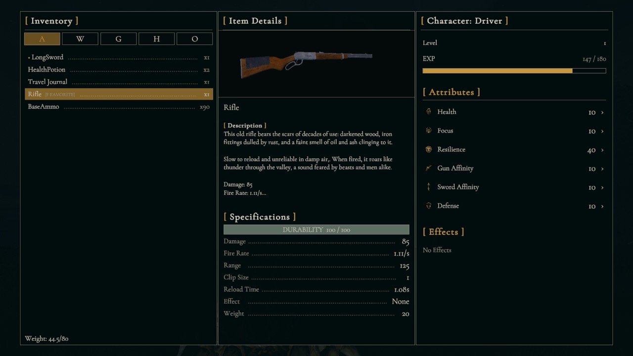 Night Cart’s inventory, item details, and character sheet interface.