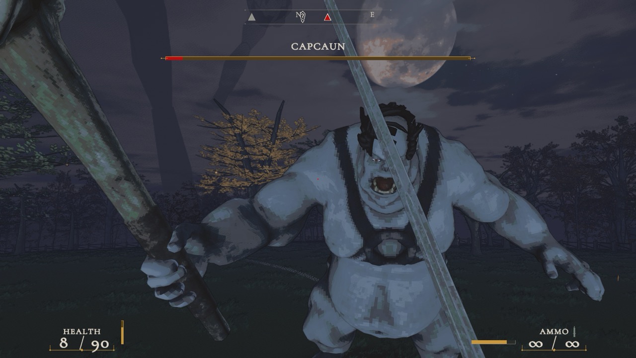 The player raises a sword against an Ogre beneath a full moon.