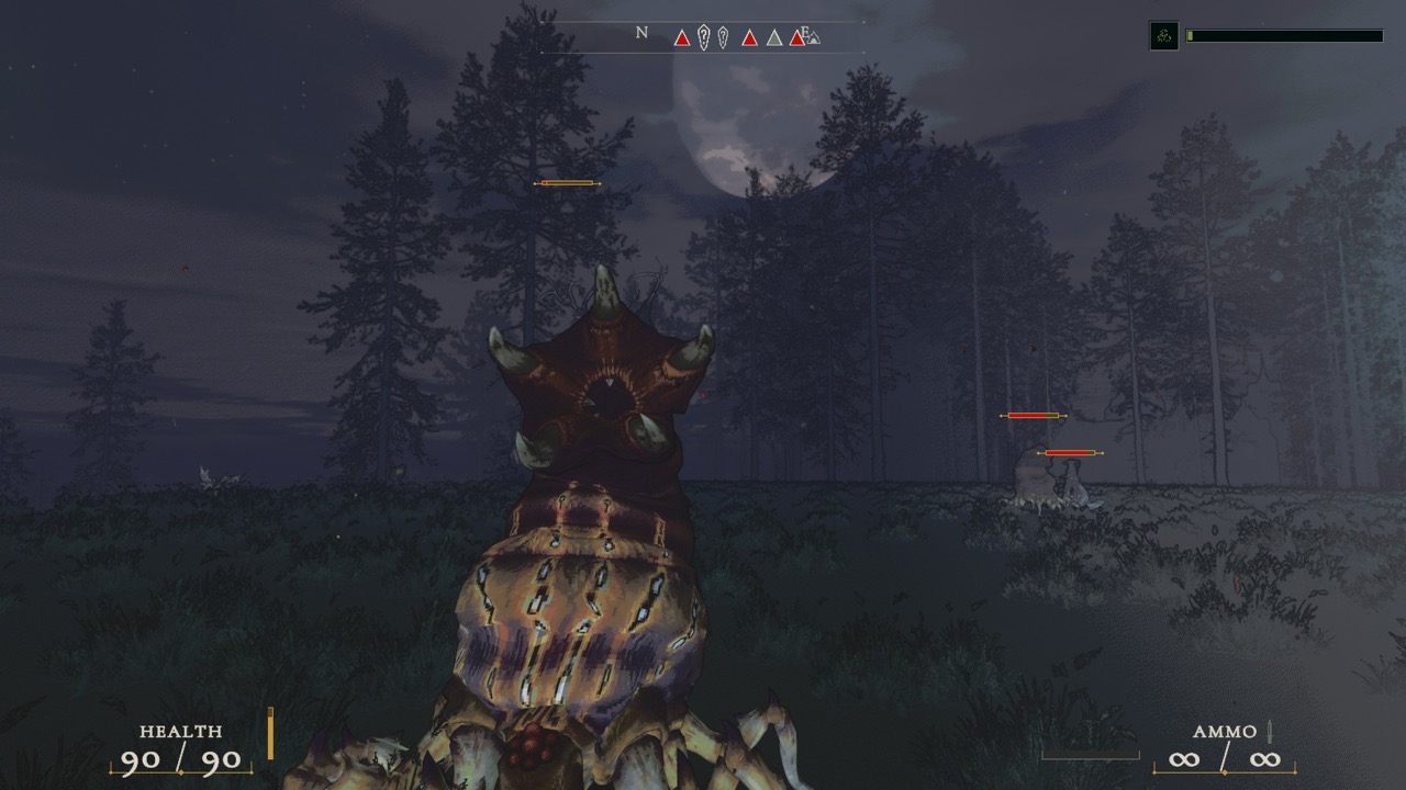 A plague-born creature confronts the player in a moonlit field.